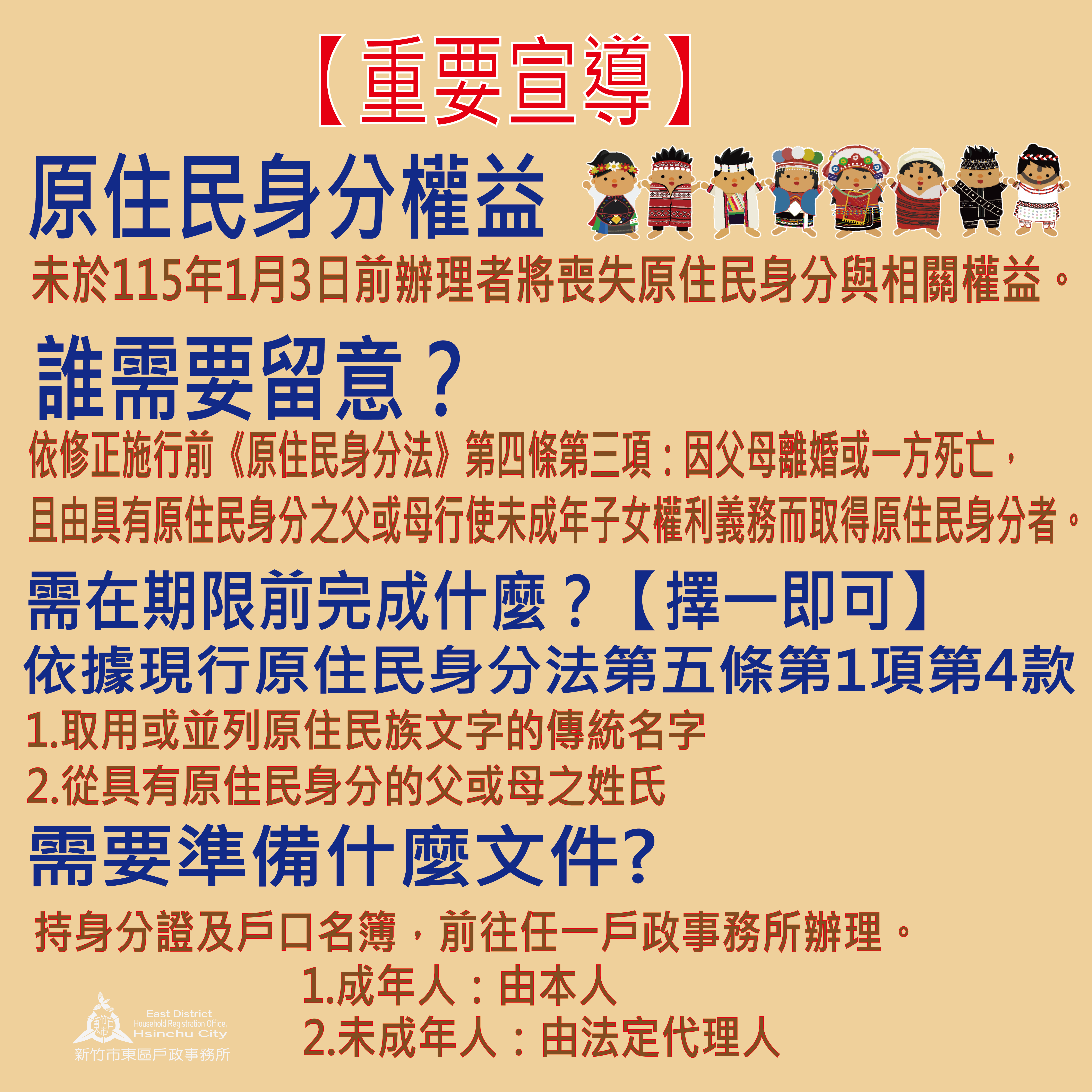 原住民身分權益：未於115年1月3日前辦理者將喪失原住民身分與相關權益。